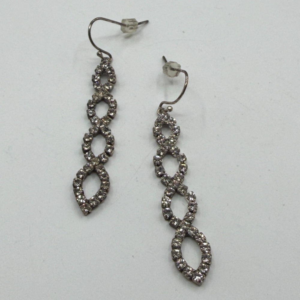 Clear Rhinestone Infinity Dangle Earrings Silver Tone Pierced Long Drop Formal